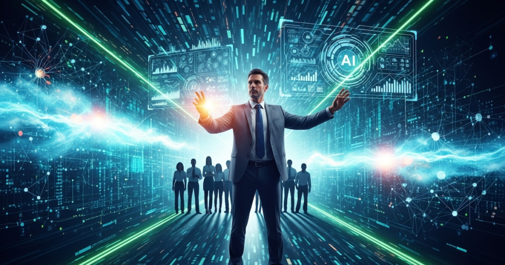 Ilustración conceptual de liderazgo ético frente a código de IA con equilibrio entre tecnología y humanidad
