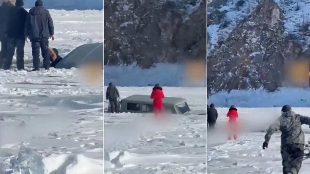 Microbús hundiéndose en el hielo del lago Baikal con turistas a bordo