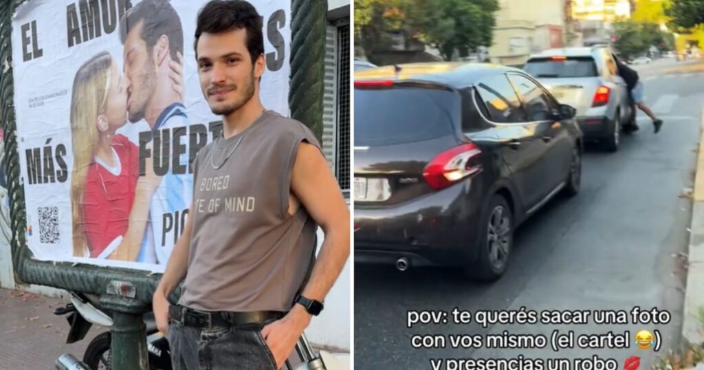 Un modelo posaba junto a un cartel con su imagen y terminó registrando un violento robo