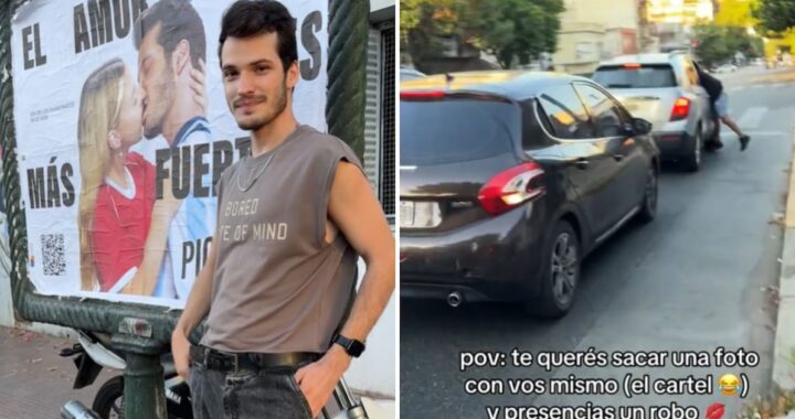 Un modelo posaba junto a un cartel con su imagen y terminó registrando un violento robo