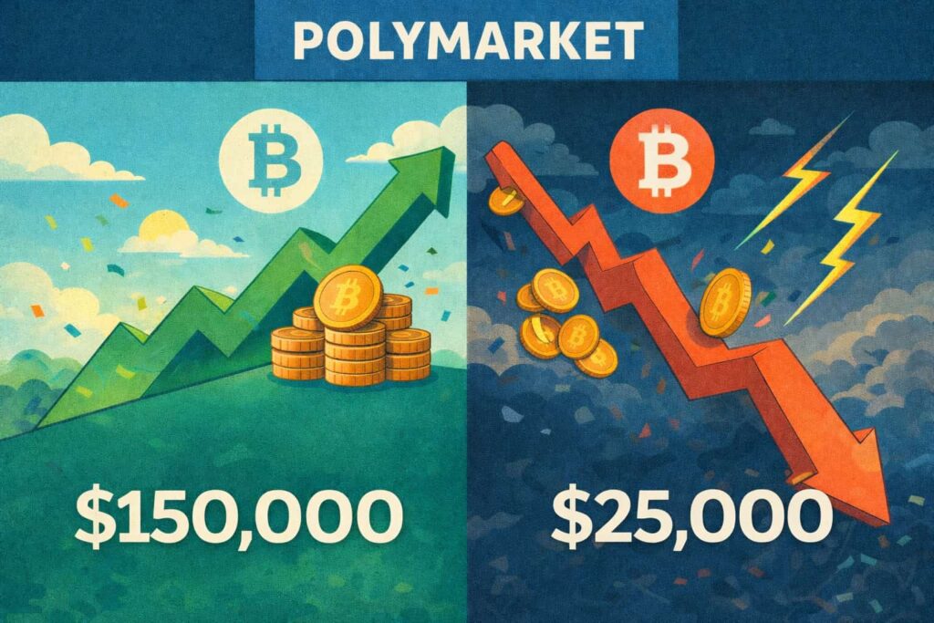 Polymarket: misma probabilidad de que Bitcoin suba a USD $150.000 o caiga a USD $25.000