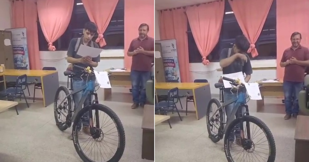 La emotiva sorpresa que recibió un joven docente que pedaleaba 16 kilómetros por día para llegar a clase