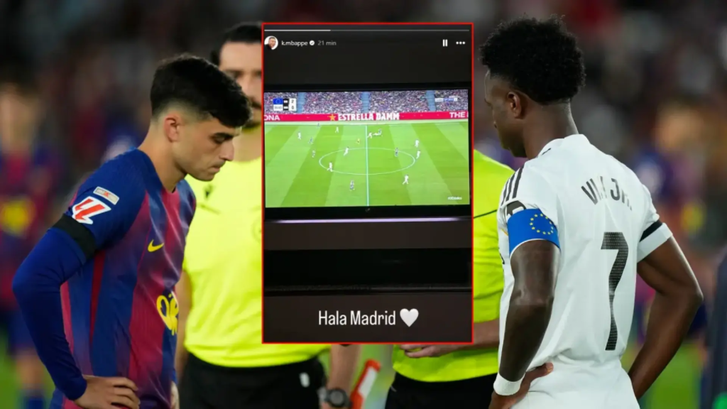 Imagen de Mbappé con una foto del partido en su televisión y el mensaje 'hala Madrid'