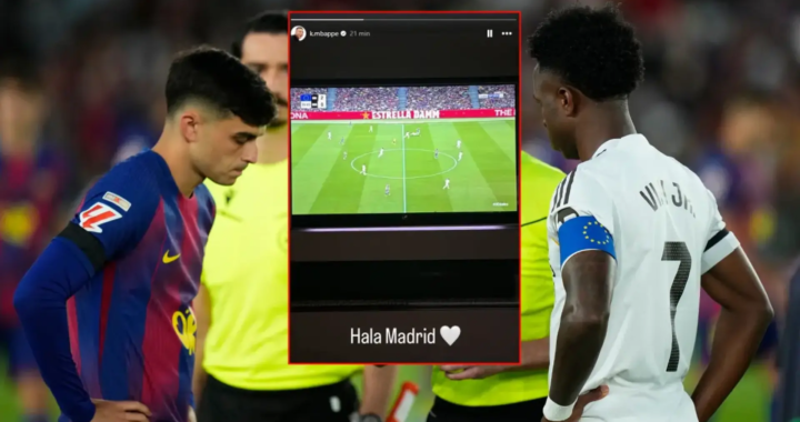 Imagen de Mbappé con una foto del partido en su televisión y el mensaje 'hala Madrid'