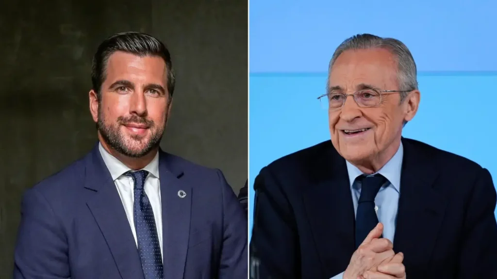 Enrique Riquelme y Florentino Pérez en imagen de campaña electoral con el Bernabéu de fondo y el lema 'Elecciones históricas'