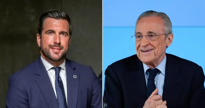Enrique Riquelme y Florentino Pérez en imagen de campaña electoral con el Bernabéu de fondo y el lema 'Elecciones históricas'