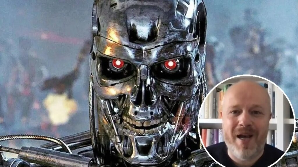 Imagen de un robot militar avanzado en un escenario de guerra, con soldados de fondo.