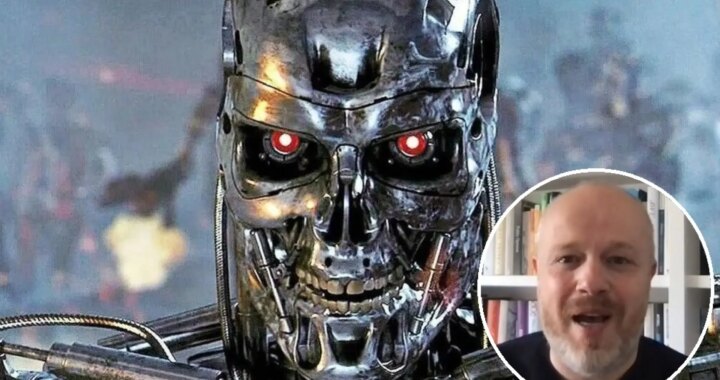Imagen de un robot militar avanzado en un escenario de guerra, con soldados de fondo.