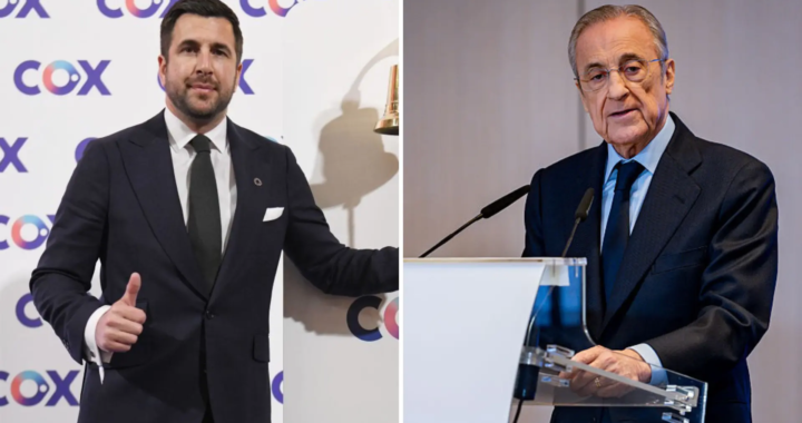 Urnas en el Pabellón de Baloncesto del Real Madrid con carteles de Pérez y Riquelme para las elecciones del 7J
