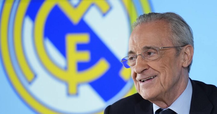 Lona gigante en el Bernabéu con las 7 Champions de Florentino Pérez y el lema 'Mucha historia por hacer'