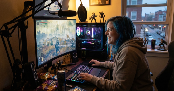 Imagen ilustrativa de un jugador de PC con una biblioteca de juegos en pantalla, disfrutando de juegos gratis de Amazon Prime Gaming