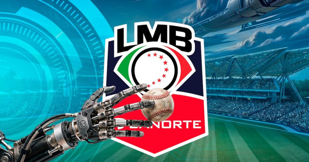 Árbitro de béisbol con auricular recibe decisión de IA mientras el lanzador y bateador esperan el veredicto tecnológico