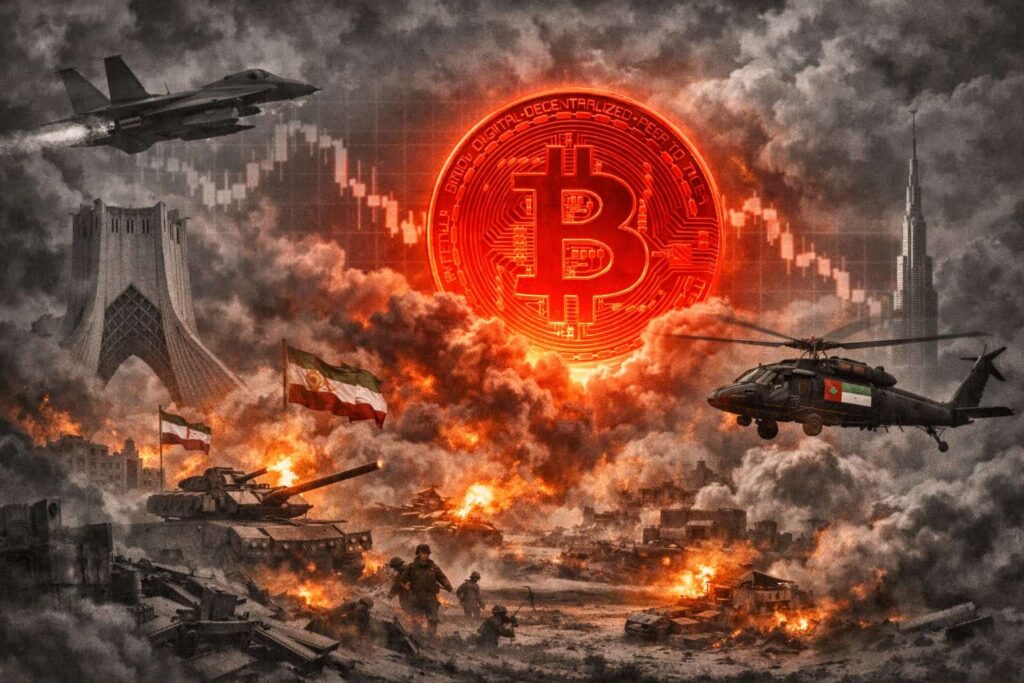 Gráfico de Bitcoin en rojo cayendo a 72912 dólares con liquidaciones masivas tras ataque EE.UU.-Irán en fondo