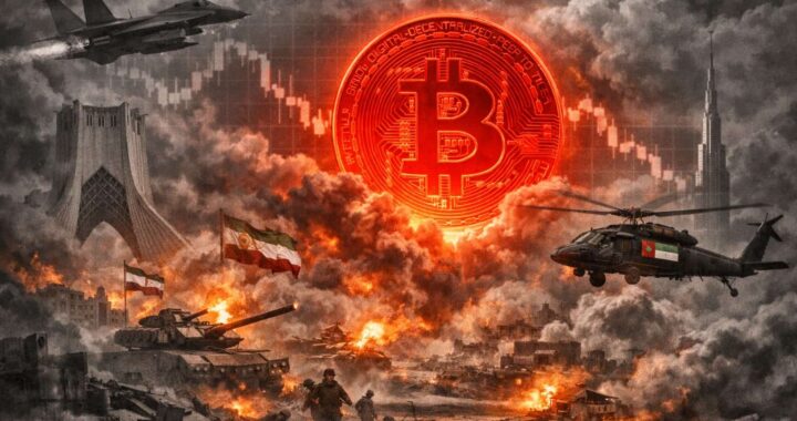 Gráfico de Bitcoin en rojo cayendo a 72912 dólares con liquidaciones masivas tras ataque EE.UU.-Irán en fondo