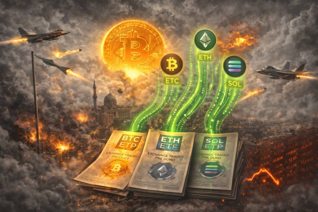 Gráfico de incautación de criptomonedas con banderas de EEUU e Irán y flechas mostrando flujo de fondos bloqueados