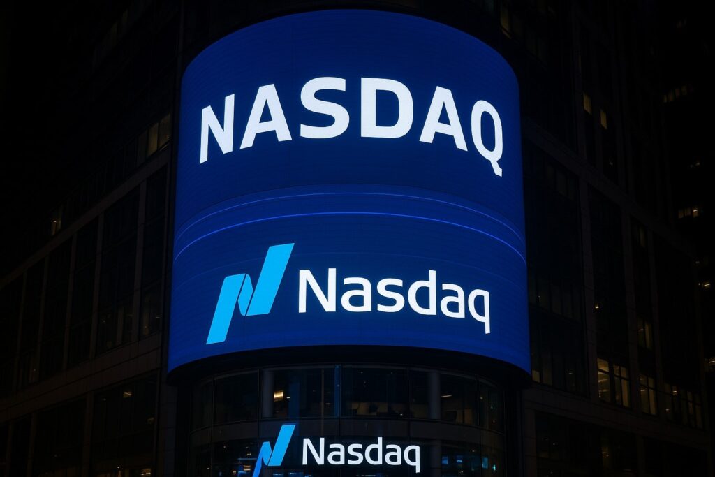 Imagen de una pantalla de computadora mostrando datos de mercado de valores con el logotipo de Nasdaq y Ostium