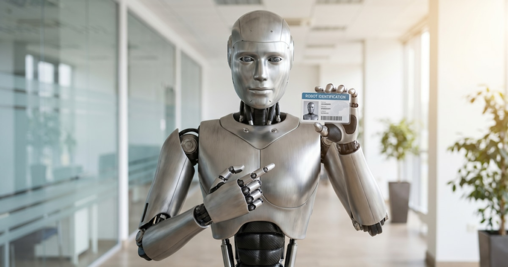 Robot humanoide con código de identificación de 29 dígitos proyectado en su torso, en una fábrica china de ensamblaje automatizado