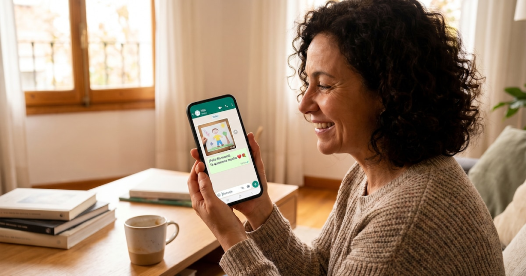 Mamá sonriendo mientras lee un mensaje de WhatsApp con una imagen de flores