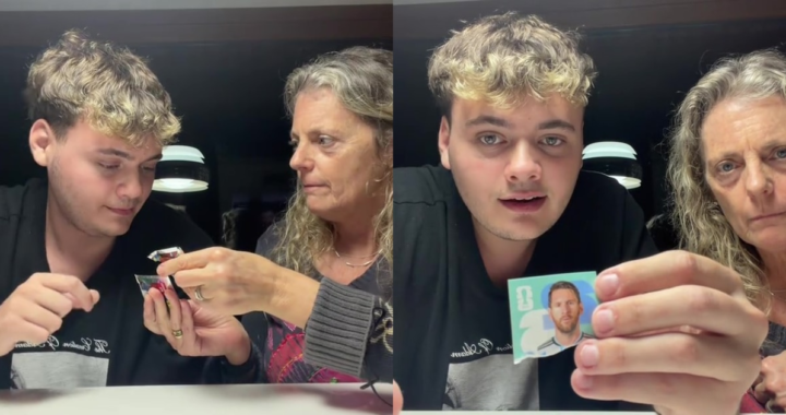 Una madre muestra con sorpresa la figurita de Lionel Messi partida a la mitad
