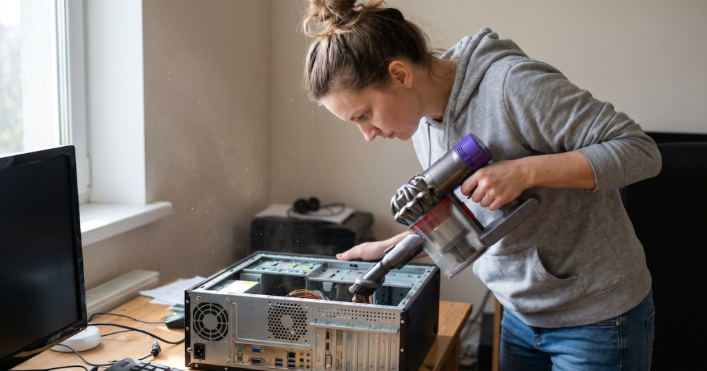 Aspiradora doméstica cerca de un PC abierto con componentes sensibles a la electricidad estática