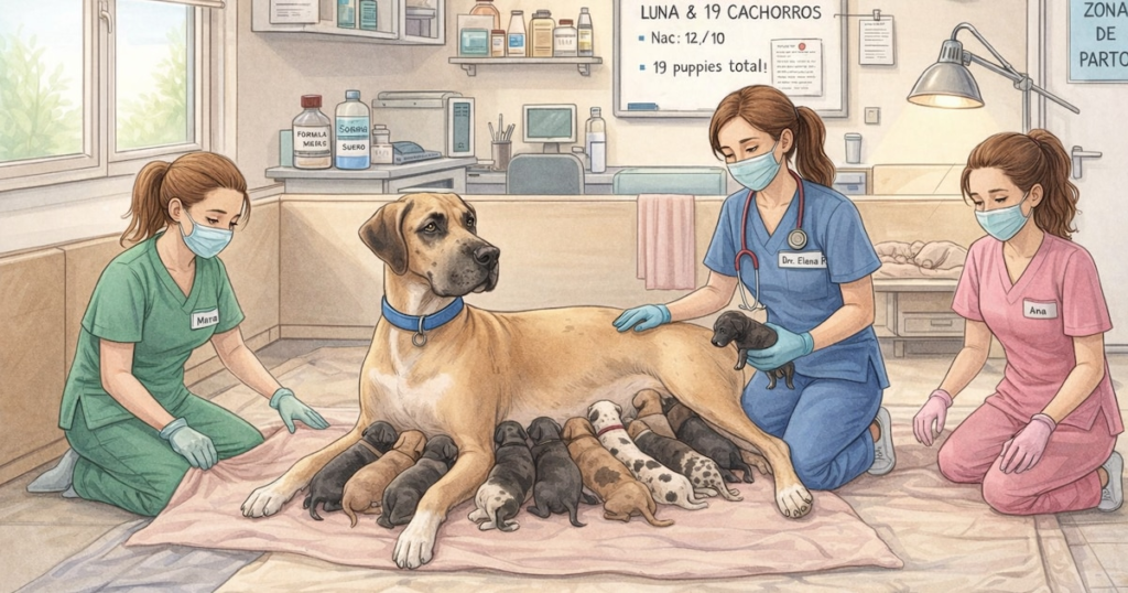 Una gran danés llamada Piper dio a luz a 19 cachorros vivos y saludables en una cesárea de emergencia.