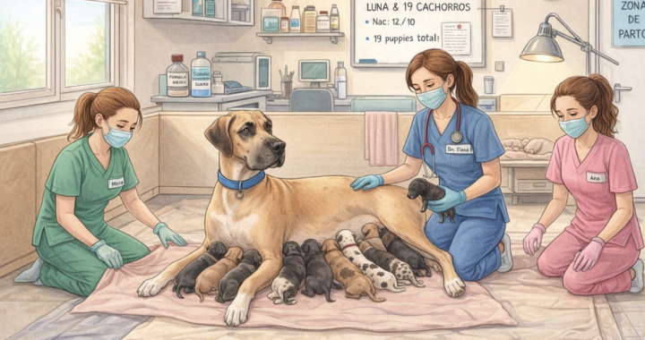 Una gran danés llamada Piper dio a luz a 19 cachorros vivos y saludables en una cesárea de emergencia.