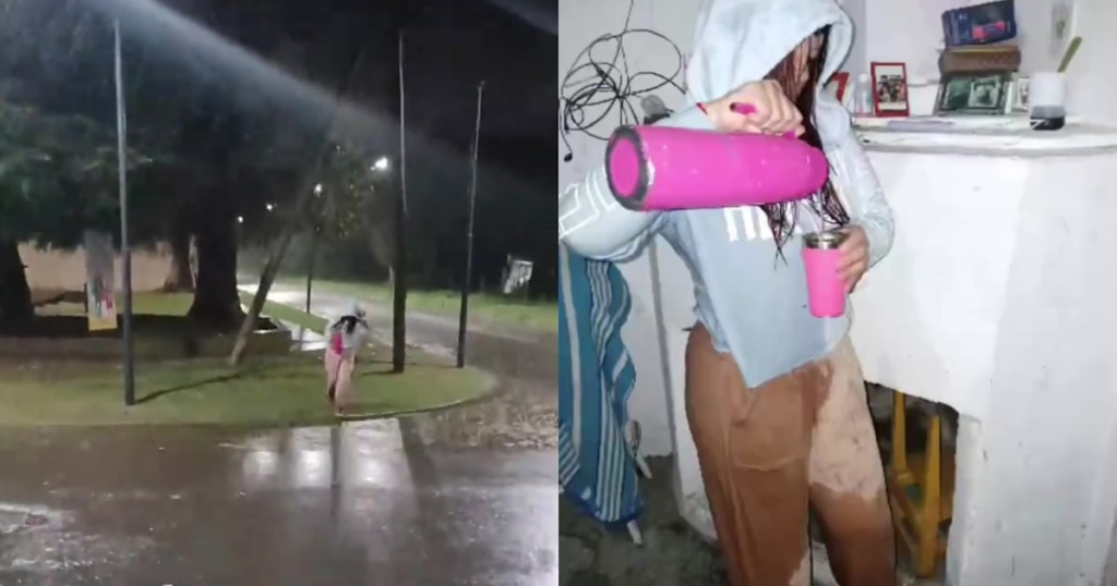 Joven sonriendo con termo y mate en mano tras caer bajo la lluvia