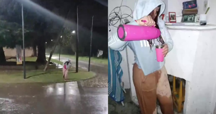 Joven sonriendo con termo y mate en mano tras caer bajo la lluvia
