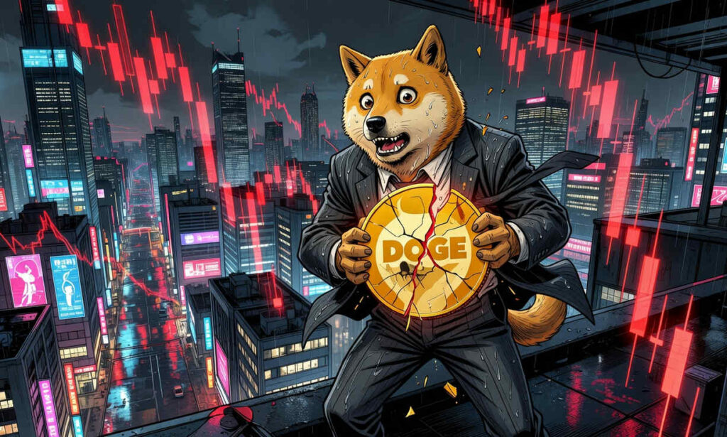 Gráfico de Dogecoin con tendencia bajista y volumen en descenso