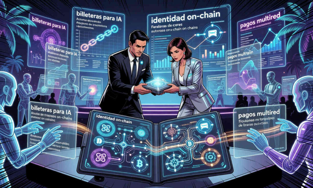 Una imagen de una billetera de criptomonedas con un robot de IA en el fondo, simbolizando la integración de la inteligencia artificial en las transacciones cripto.