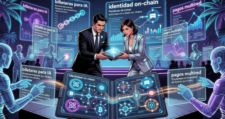 Una imagen de una billetera de criptomonedas con un robot de IA en el fondo, simbolizando la integración de la inteligencia artificial en las transacciones cripto.