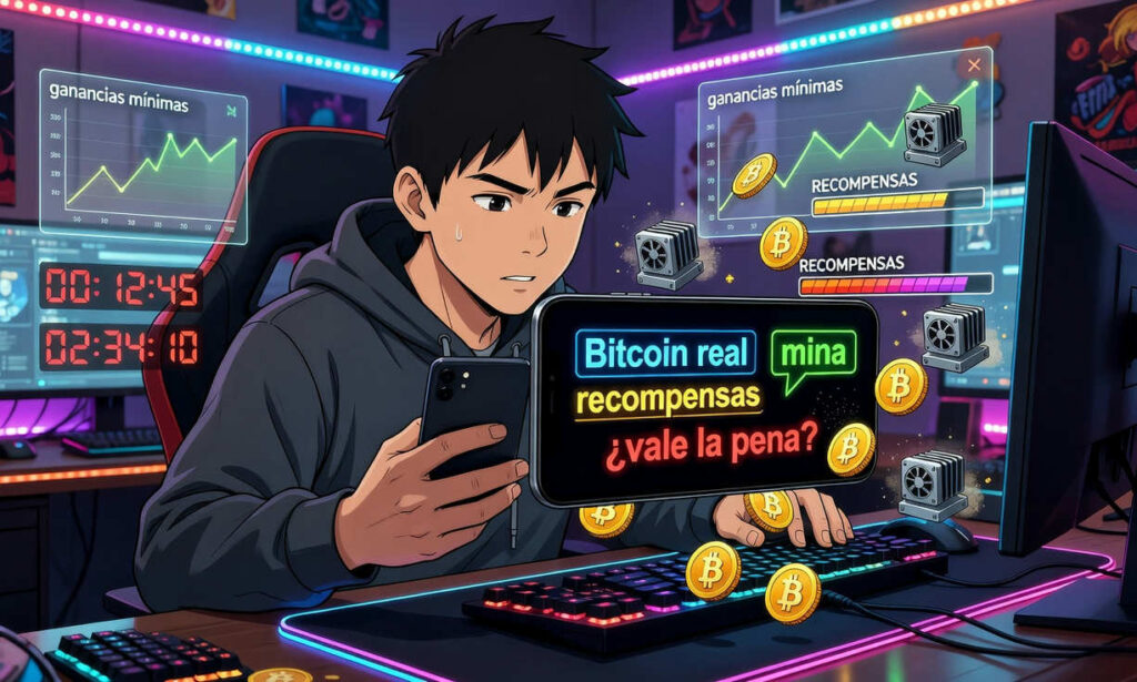 Jugador construyendo un imperio minero virtual en Mining Empire para ganar Bitcoin real