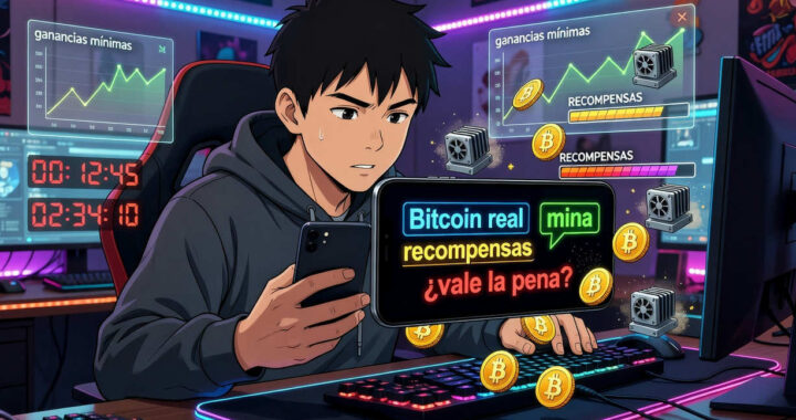 Jugador construyendo un imperio minero virtual en Mining Empire para ganar Bitcoin real