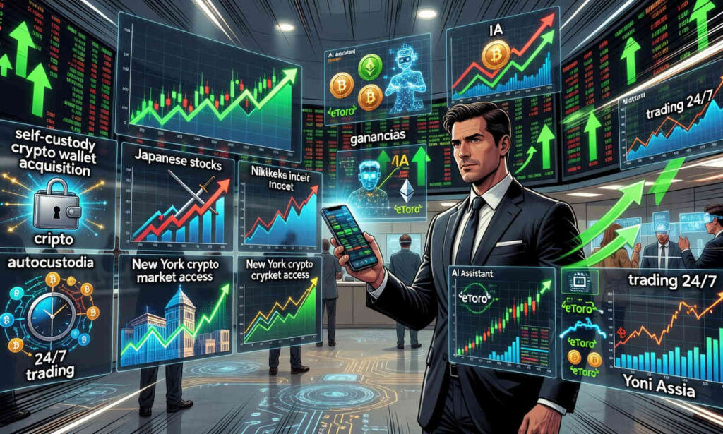 Gráfico financiero con ascenso de ganancias de eToro en 2026 impulsado por trading de cripto e IA