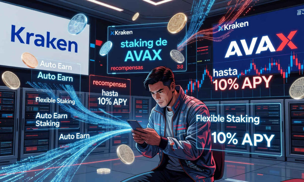 Interfaz de Kraken mostrando opciones de staking de AVAX con tasas de hasta 10% APY en gráficos de rendimiento