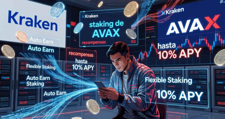Interfaz de Kraken mostrando opciones de staking de AVAX con tasas de hasta 10% APY en gráficos de rendimiento