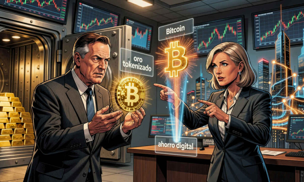 Gráfico comparativo de oro tokenizado y Bitcoin con proyecciones de precio y adopción institucional sobre fondo de Wall Street