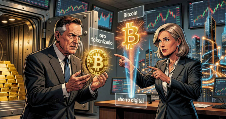Gráfico comparativo de oro tokenizado y Bitcoin con proyecciones de precio y adopción institucional sobre fondo de Wall Street