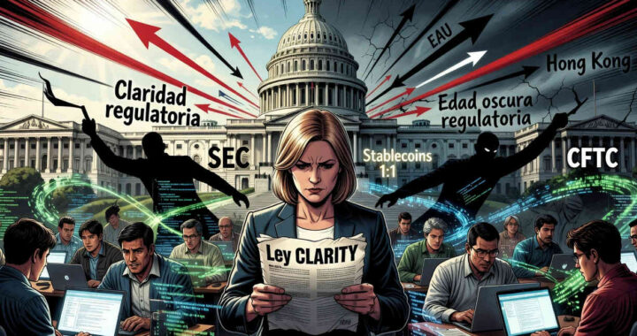 Senadora presentando la Ley CLARITY frente a gráficos de capitalización cripto y banderas de EE.UU. y Dubai