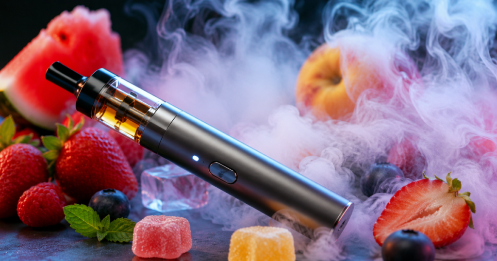 Imagen de un vape con sabor frutal, advirtiendo sobre los riesgos de inhalar químicos dañinos