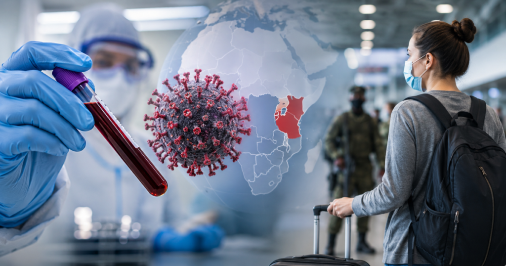 Persona con mascarilla en un aeropuerto, protegiéndose del ébola