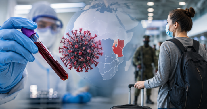 Persona con mascarilla en un aeropuerto, protegiéndose del ébola