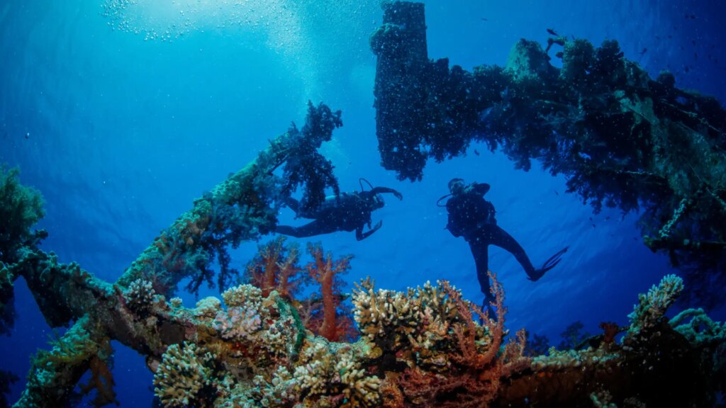 Imagen de buzos en aguas cristalinas de Maldivas con equipo de buceo