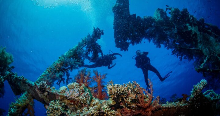 Imagen de buzos en aguas cristalinas de Maldivas con equipo de buceo