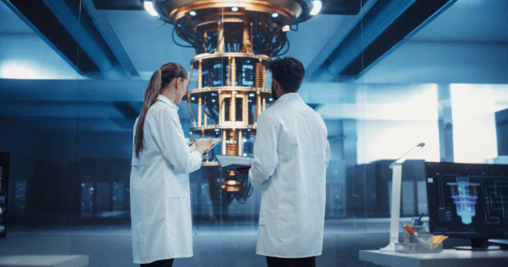 Procesador cuántico IBM System Two de 156 cúbits conectado a un modelo de IA, mostrando datos de corrección de errores en tiempo real