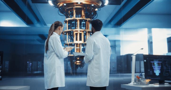 Procesador cuántico IBM System Two de 156 cúbits conectado a un modelo de IA, mostrando datos de corrección de errores en tiempo real