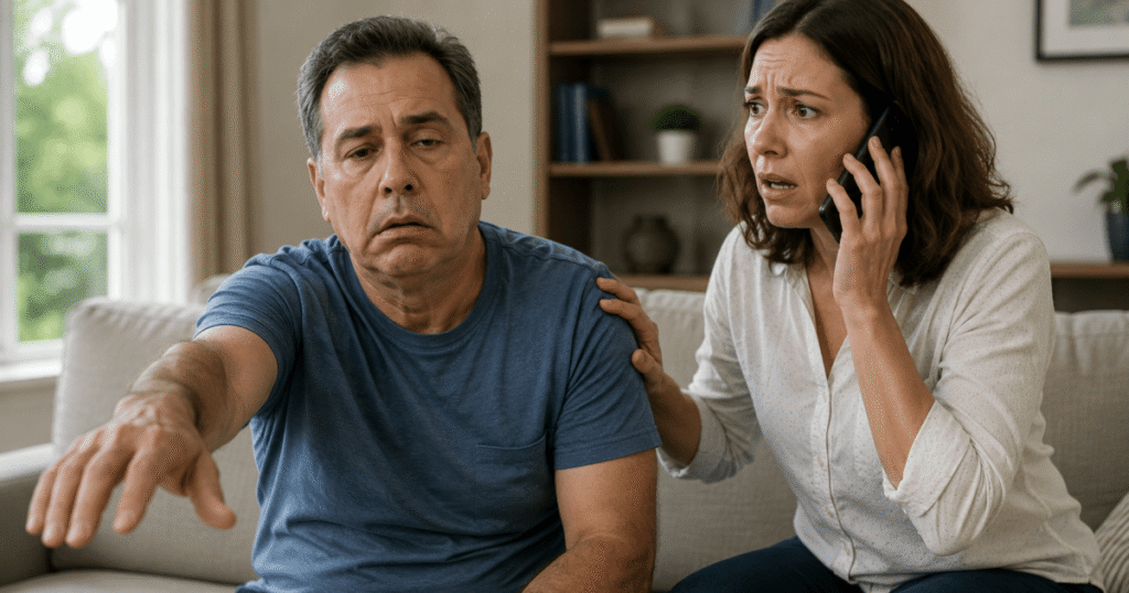 Persona con cara caída y mano débil, síntomas de un ACV