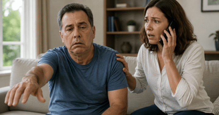 Persona con cara caída y mano débil, síntomas de un ACV