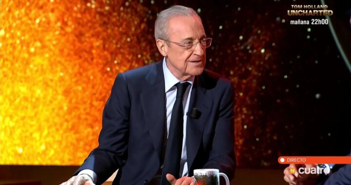 Florentino Pérez en rueda de prensa señalando un documento con la cifra '150 millones' y el logo de la Champions de fondo