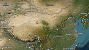 Mapa sísmico de Qinghai mostrando el epicentro del terremoto de magnitud 5,2 y fallas tectónicas activas